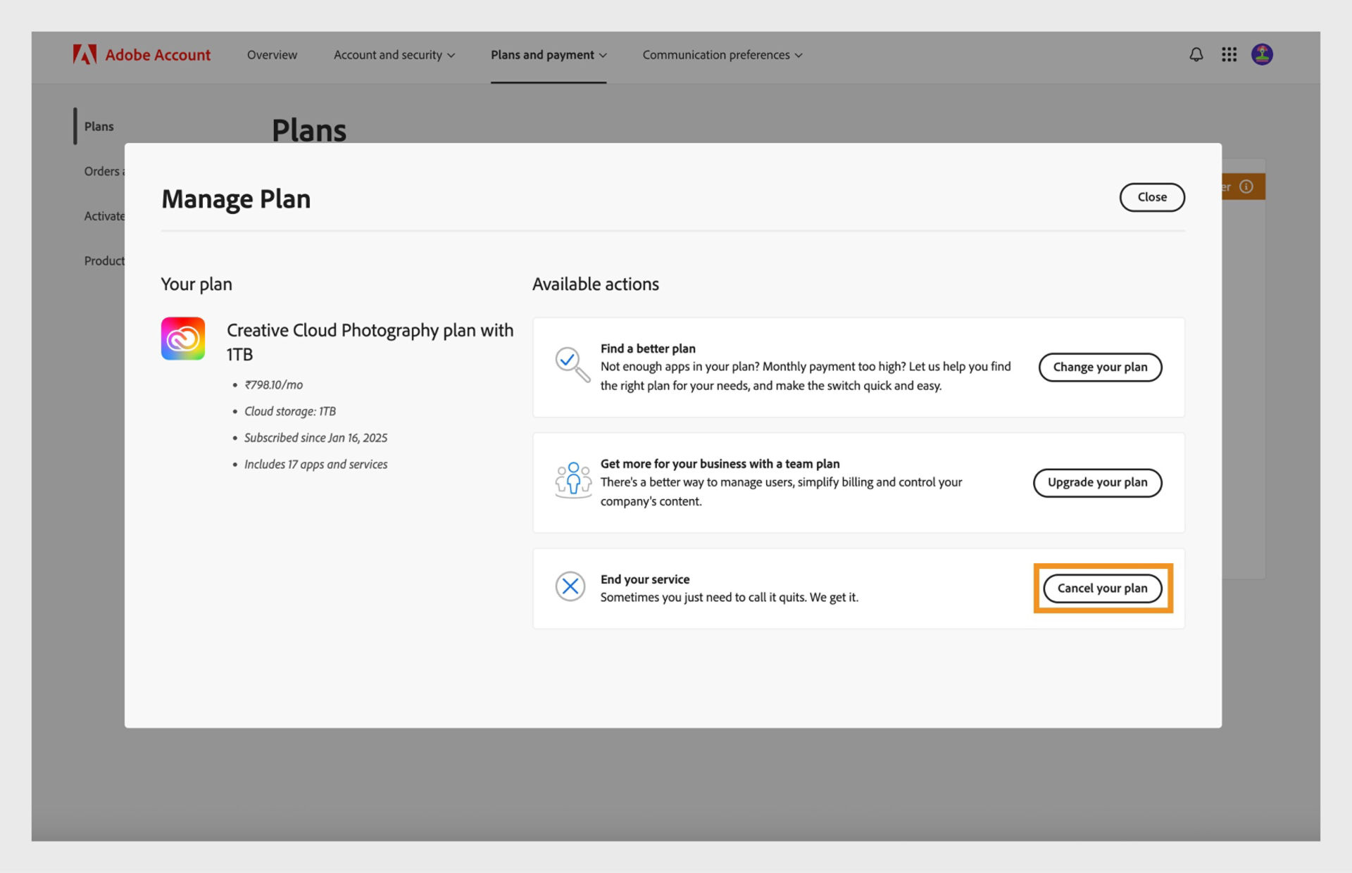 Interface du compte Adobe affichant la section « Gérer la formule » avec des options pour modifier, mettre à niveau ou annuler un abonnement.