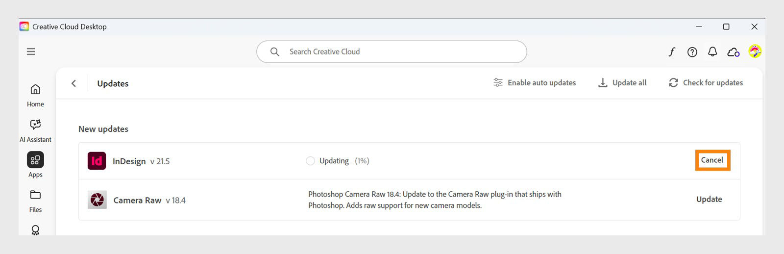 The Update window on the Creative Cloud desktop app displays the option to cancel an active update and open updated apps.