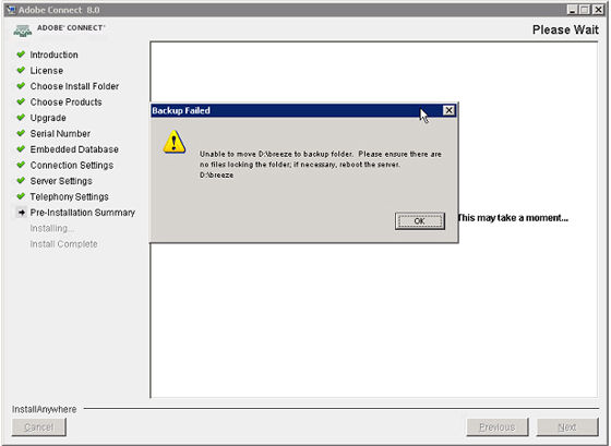 pre-installation summary - backup failed