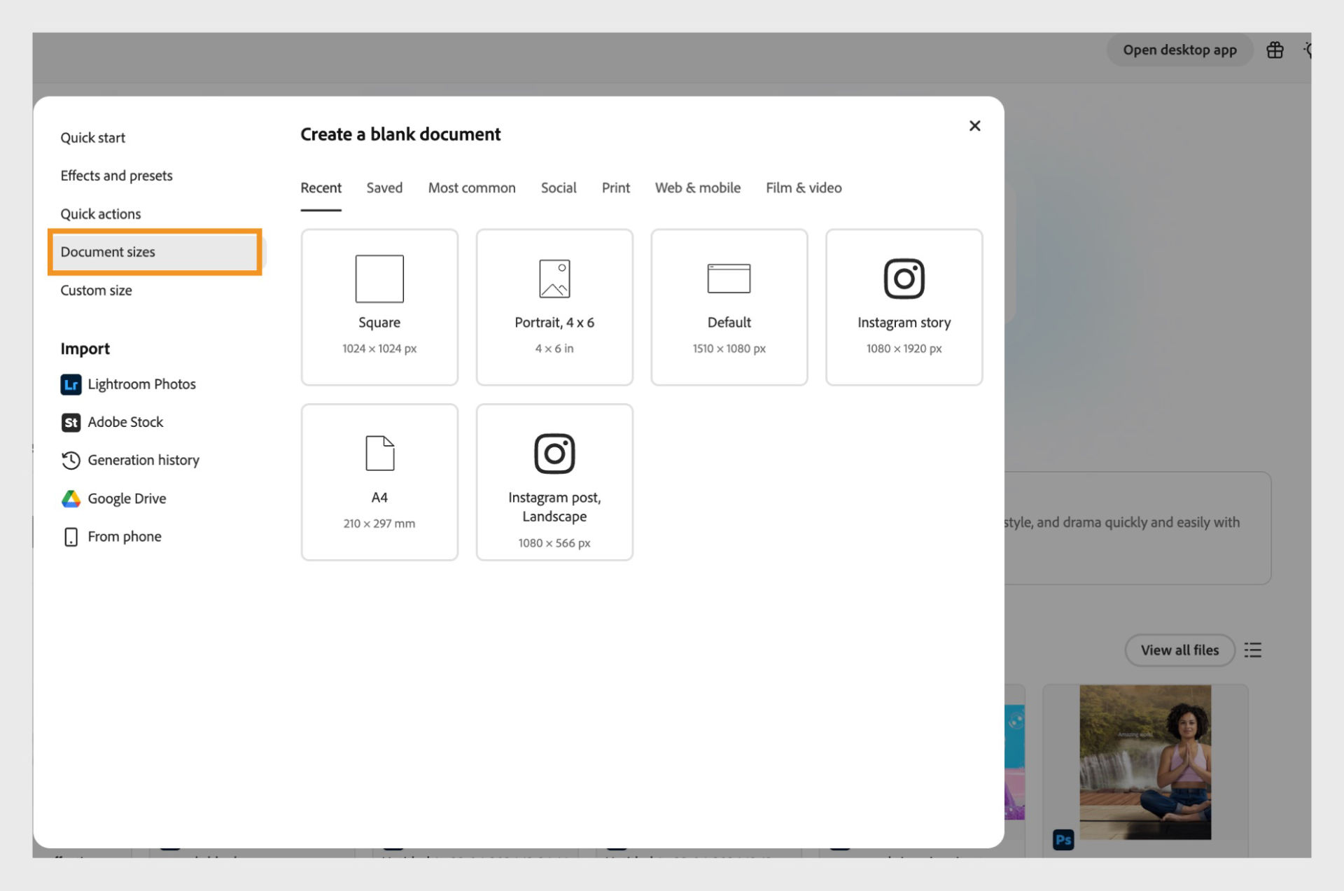 Create a blank document dialog box shows the highlighted Document sizes option, which can be used to choose a canvas size from the different available categories.