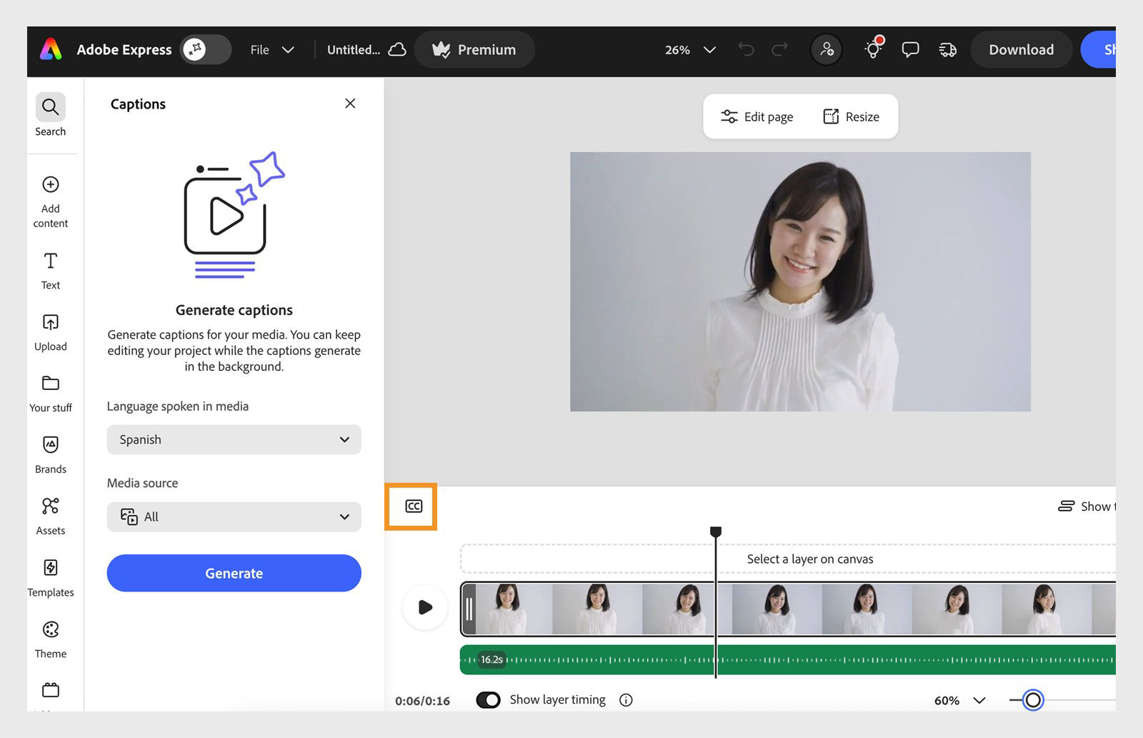 Adobe Express Captions panel showing the Generate captions settings with language and media source options, alongside a video preview and timeline with the captions (CC) button highlighted.