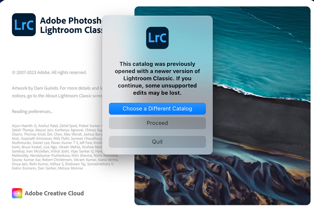 Screenshot of warning Pop up dialog box when trying to import newer version catalog to an older version Lightroom that might result in loss of data.