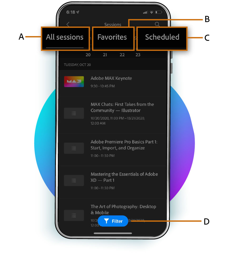 Creative Cloud mobile app Max sessions screen