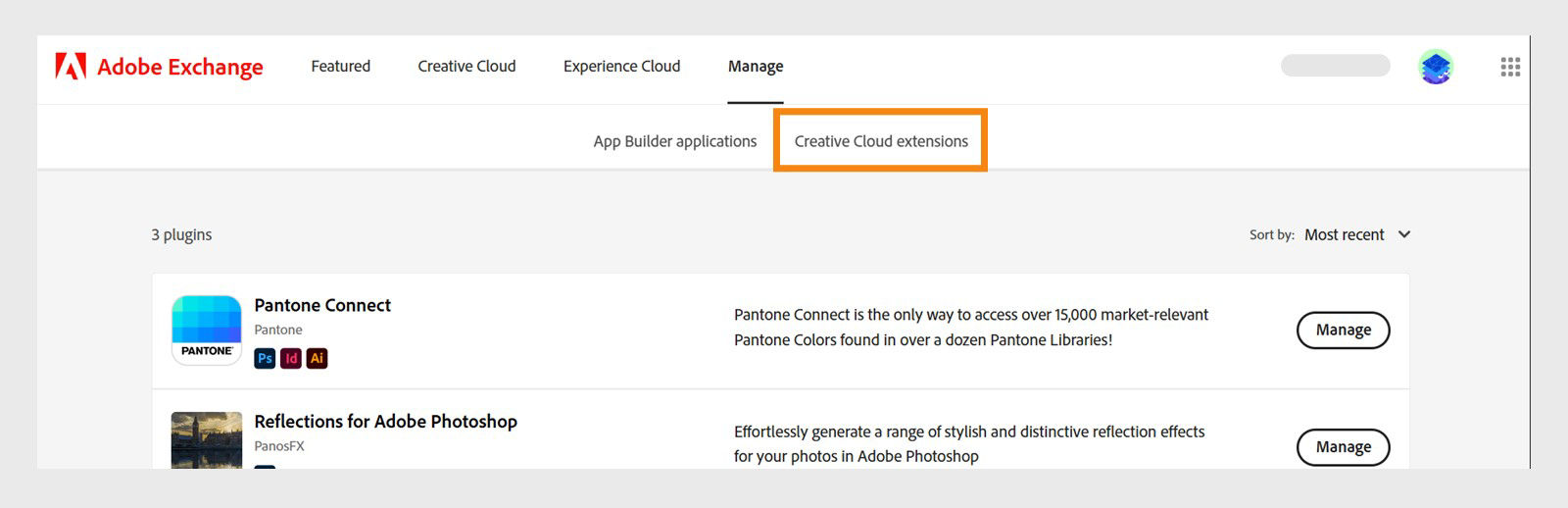 The Manage tab displays the Creative cloud extension panel where you can find all of your installed/purchased plugins.