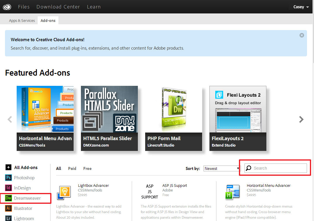 Adobe Creative Cloud Add-Ons page. Dreamweaver extensions.