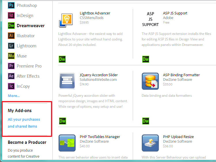 Adobe Creative Cloud Add-Ons page - My Add-Ons. Dreamweaver extensions.