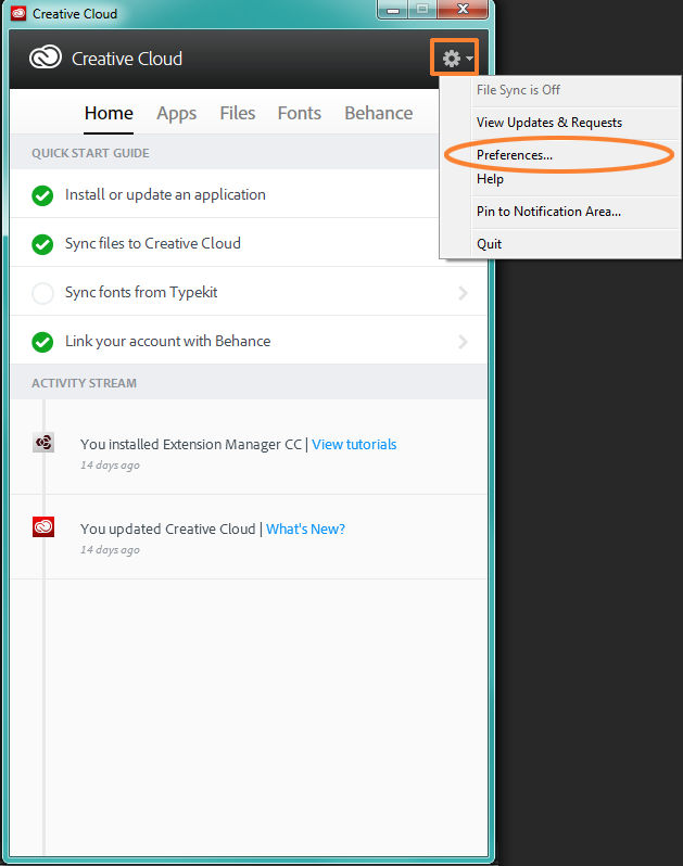 Preferences in Adobe Creative Cloud client. File sync.