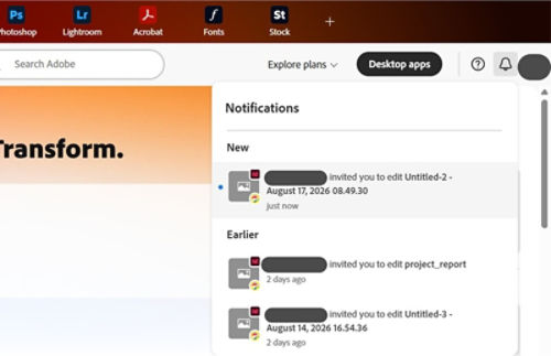   Creative Cloud home notifications panel showing new and earlier InDesign co-editing invitations with file names and times.