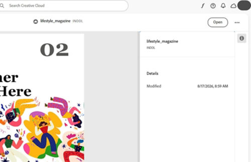 Creative Cloud file details panel for lifestyle_magazine.inddl showing preview, modified date, and an Open button.