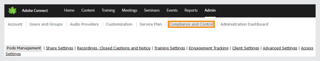 Compliance and control top menu bar