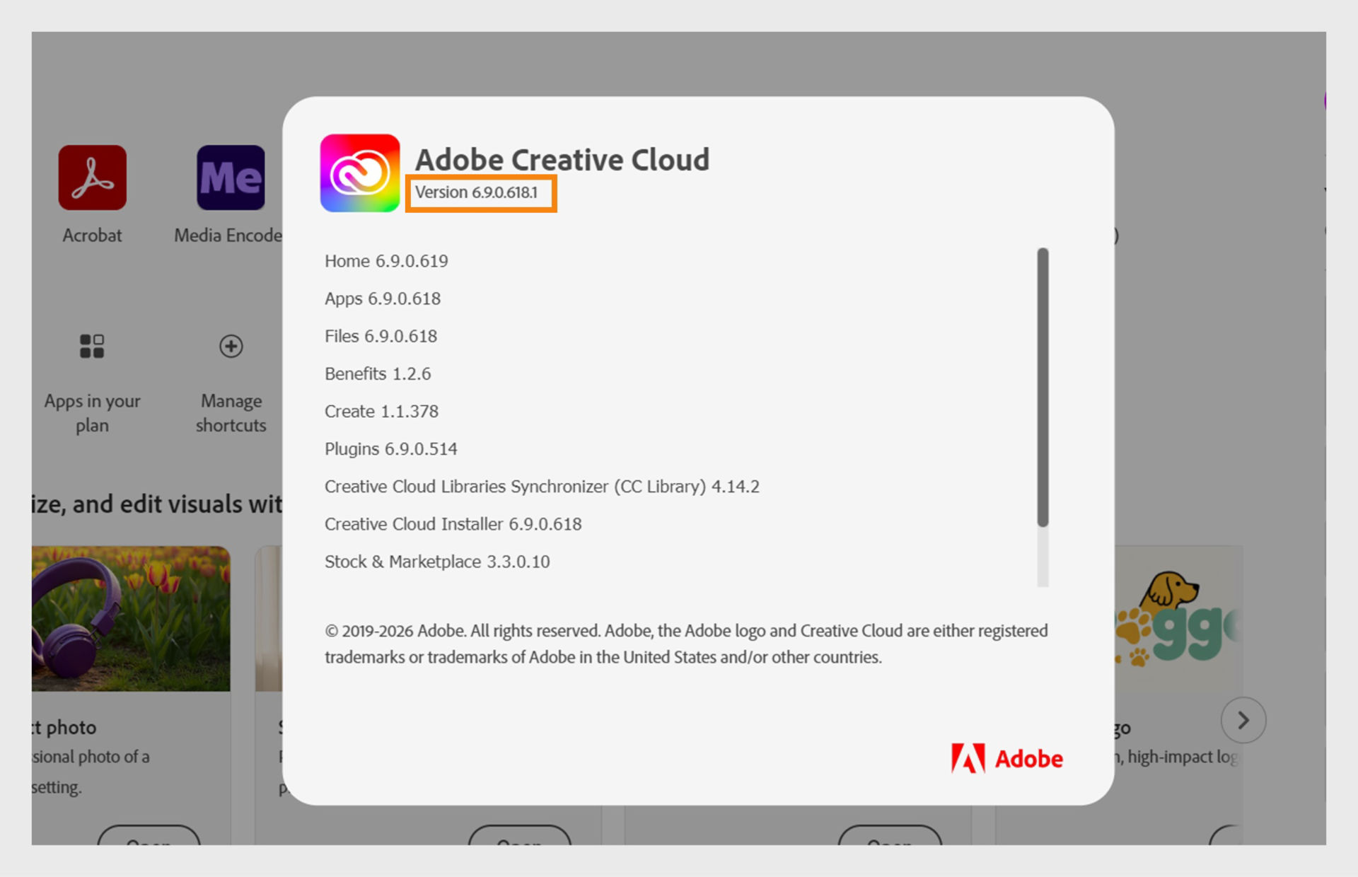 The Adobe Creative Cloud info window displays the app’s version details, including the individual versions of modules like Home, Apps, Files, Plugins, and others.