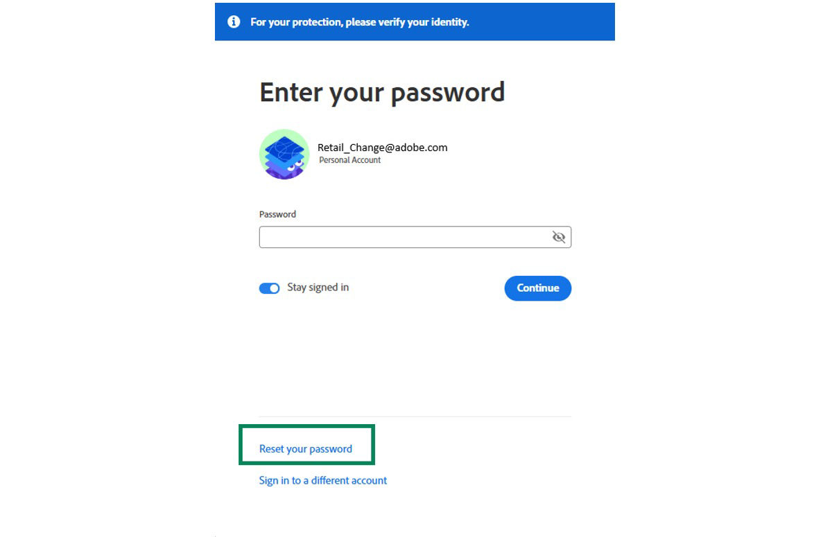 Adobe account log in screen to change your password