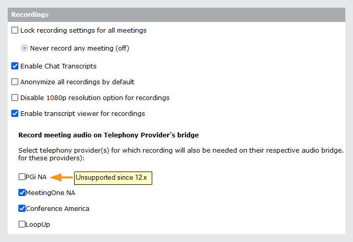 Configure recording options screen