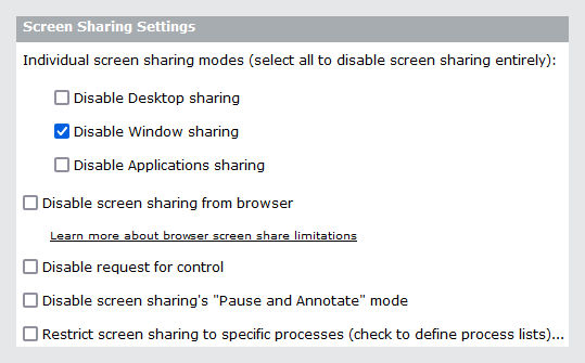 Admin screen sharing settings