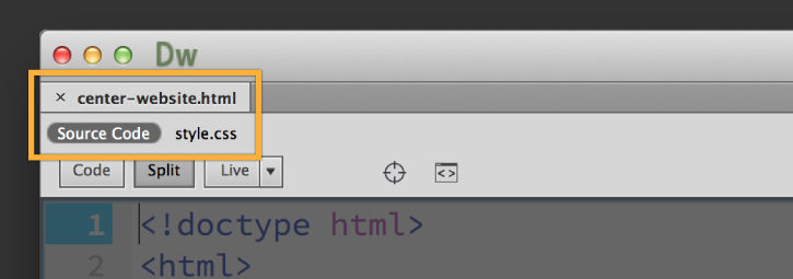 Click the buttons at the top of the Files panel to switch between the HTML Source Code and the linked CSS stylesheet