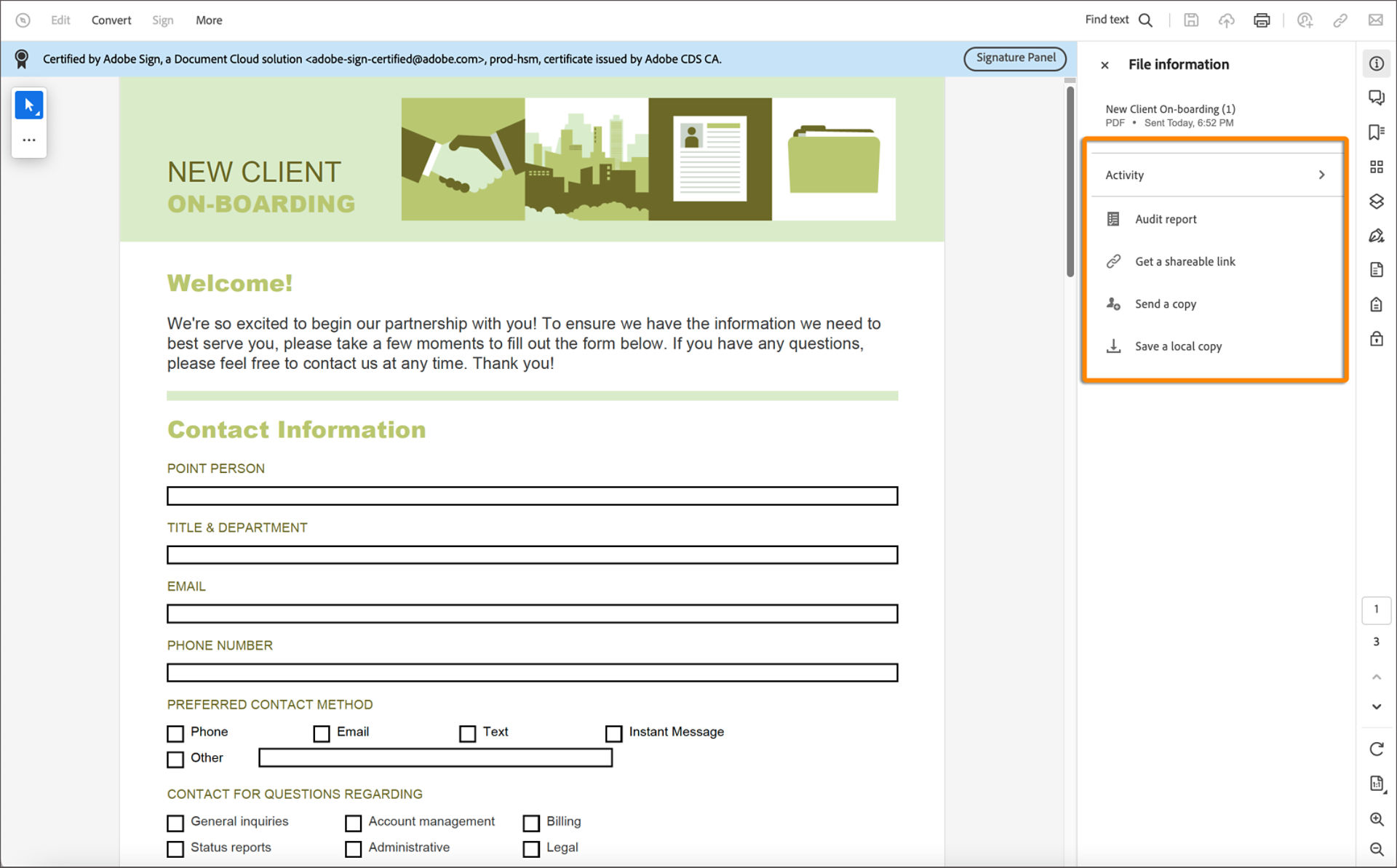 Actions on a certified file