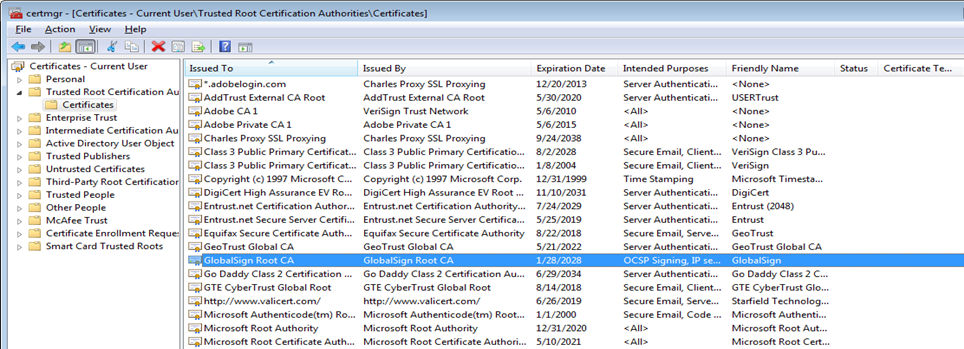 Properties Option in GlobalSign Root CA