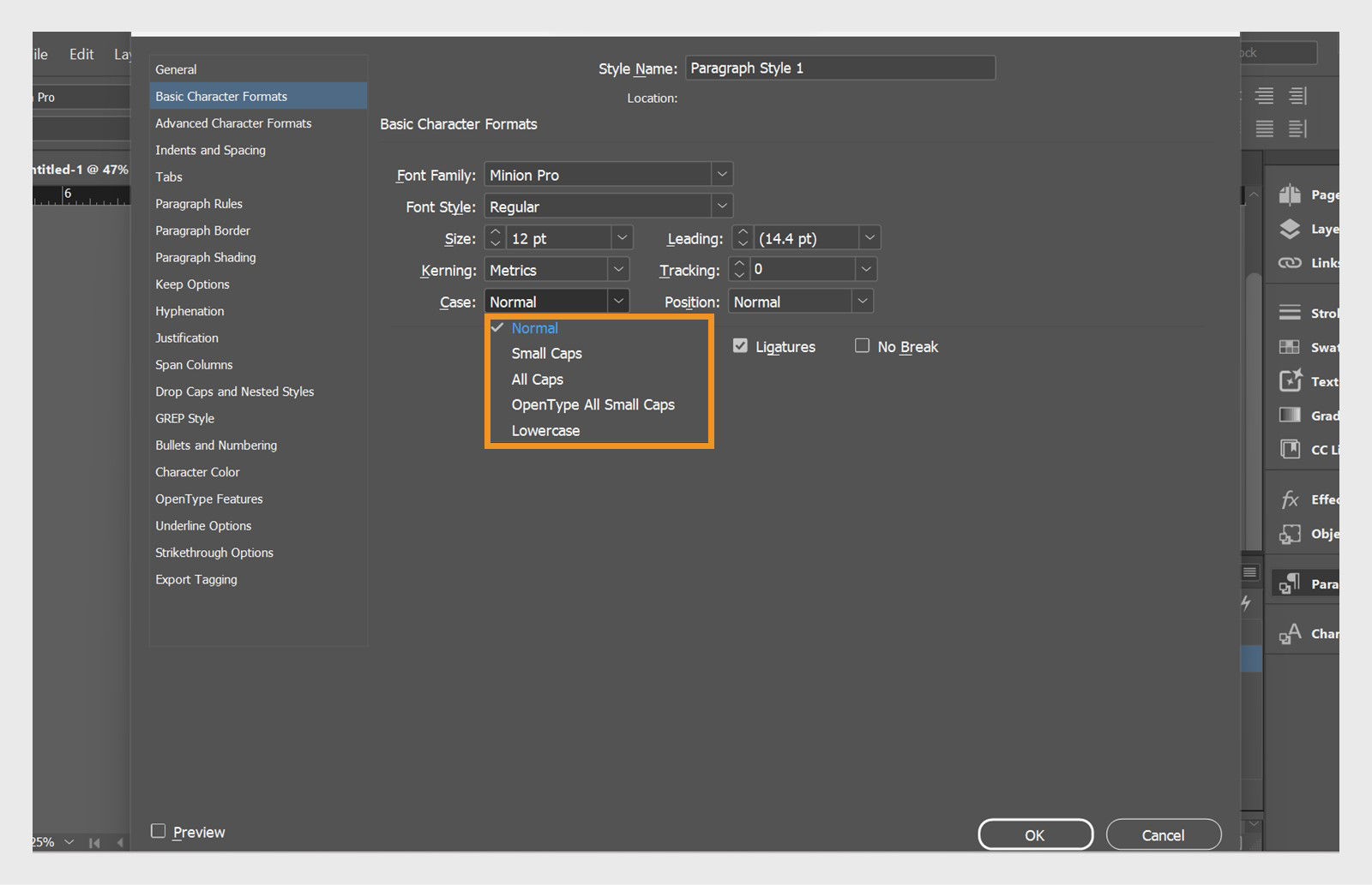 Screenshot of the Paragraph Style options panel with the Case dropdown highlighted.