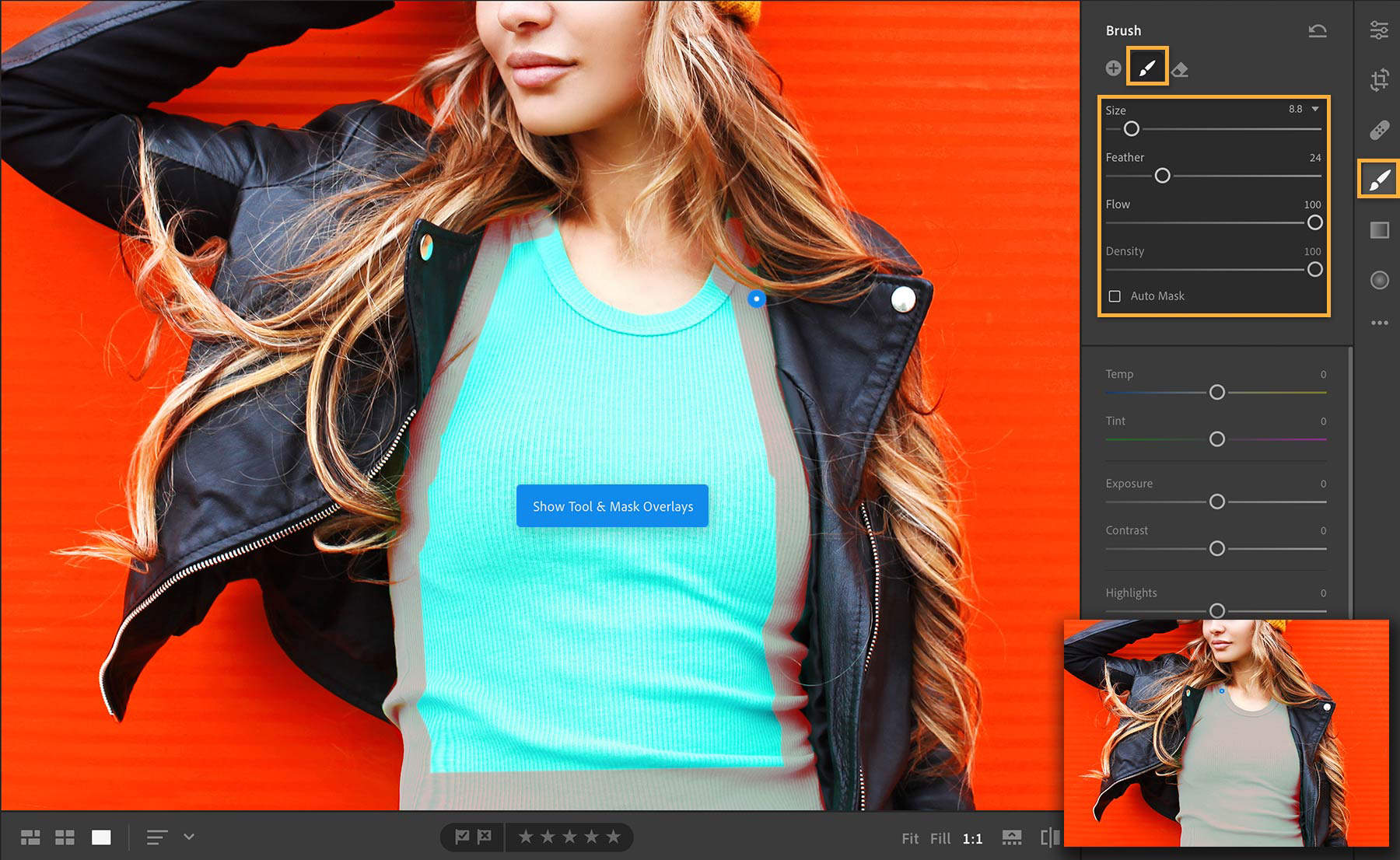 Model’s light teal shirt has brushed-on mask overlay on to show where edits will occur.