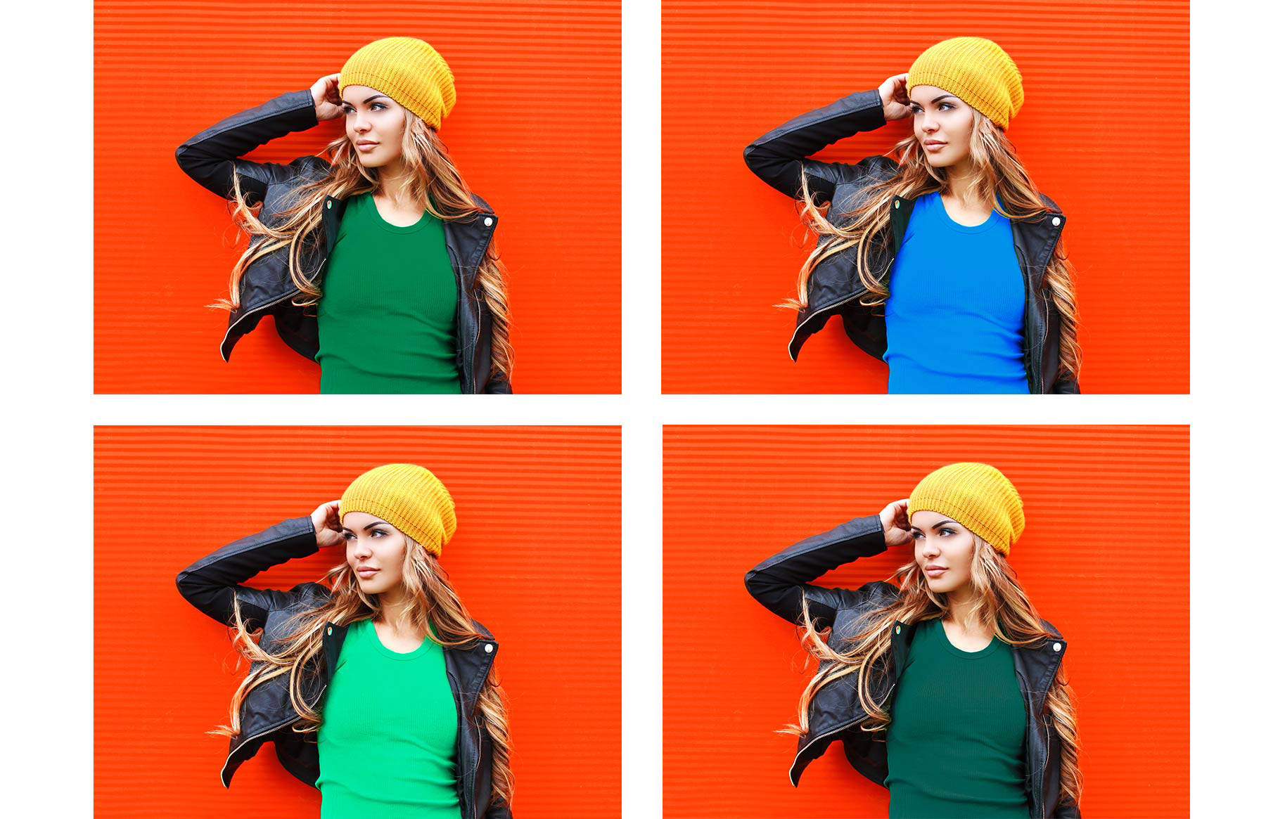 Model’s shirt in four colors: forest green, cerulean blue, light green, and hunter green.