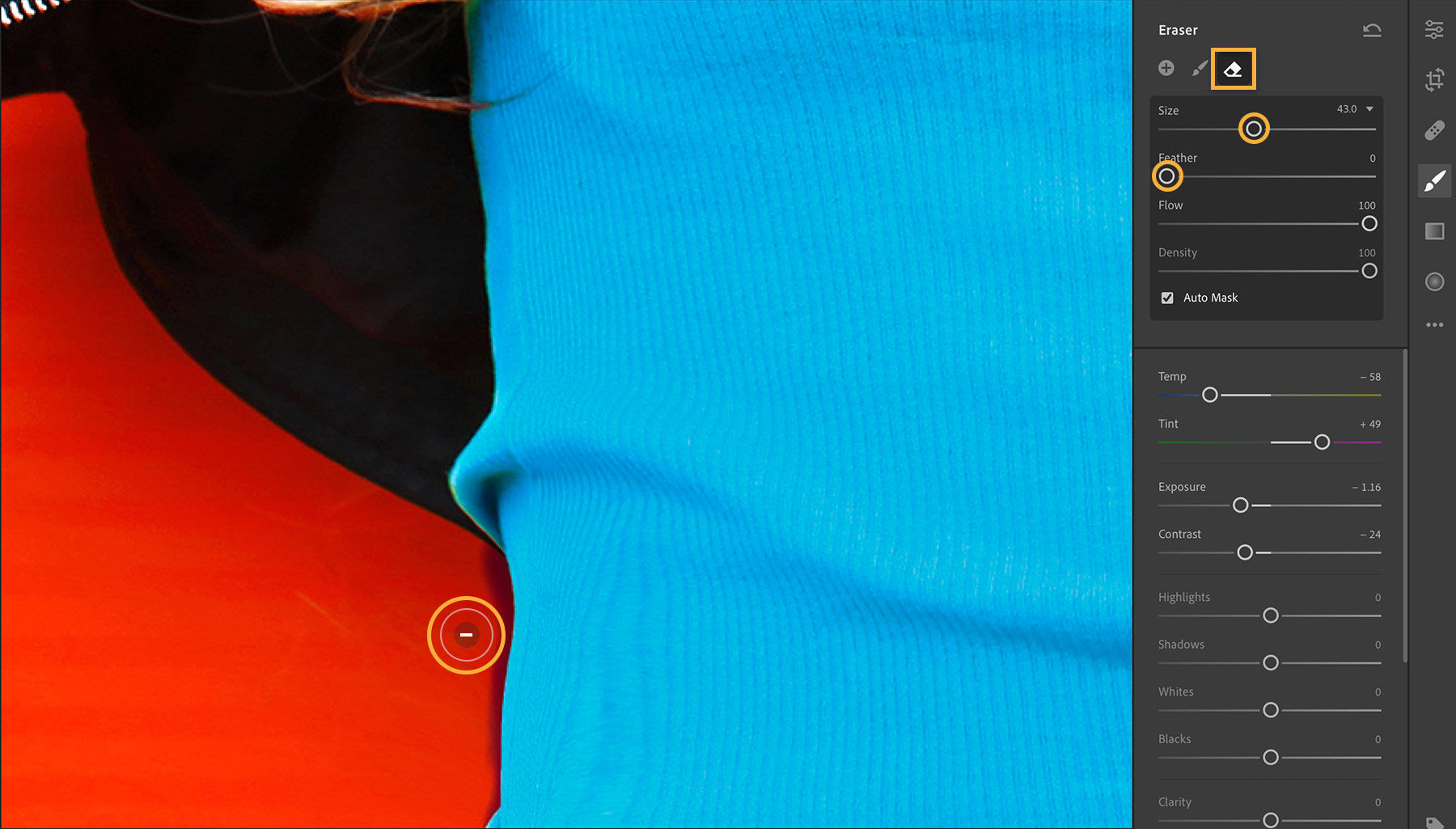 The eraser tool is used to clean up any areas accidentally recolored.