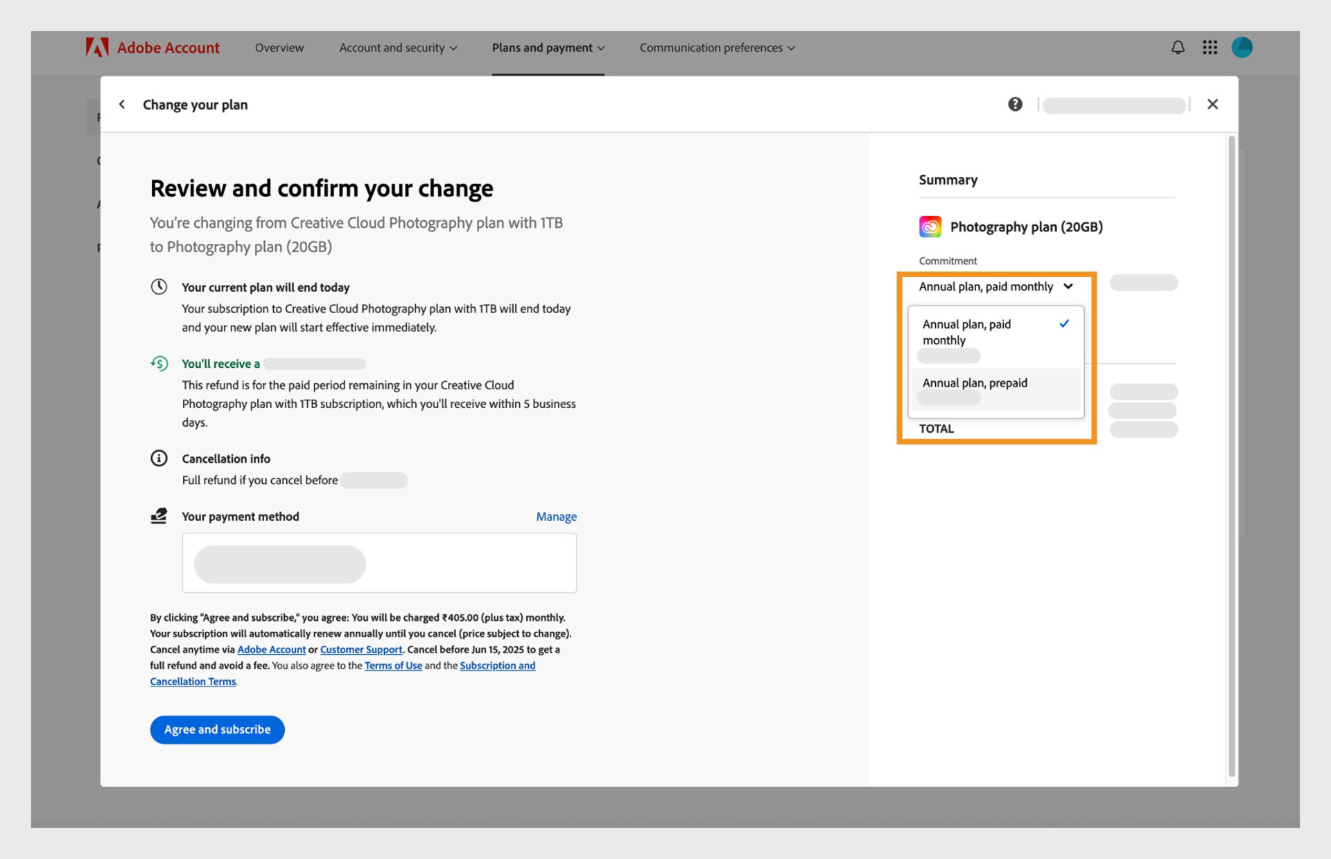 The Review and confirm your change step of the Change your plan window shows all the details of the new plan with options to change commitment and agree and subscribe. 