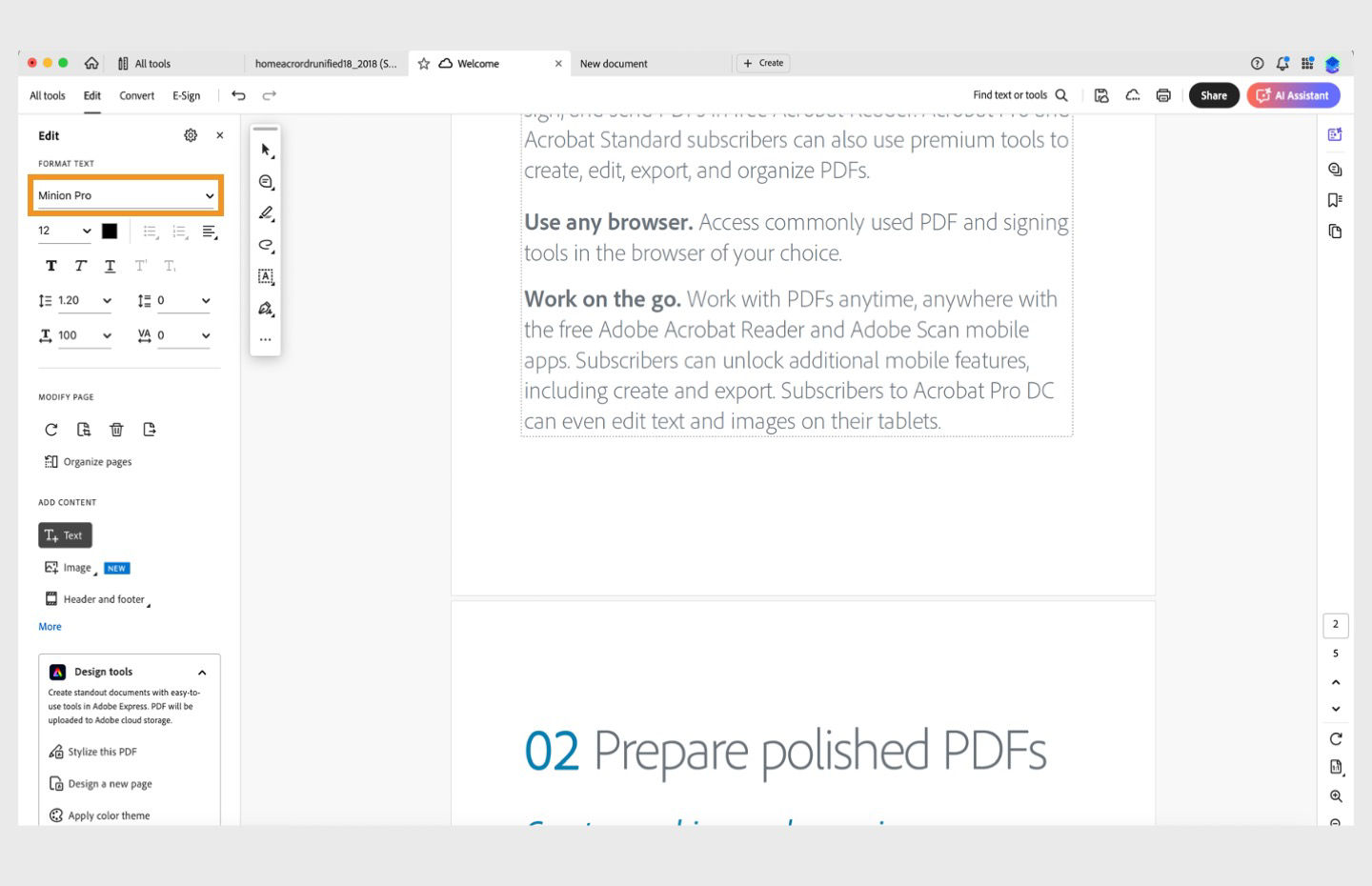 The Font option is highlgihted