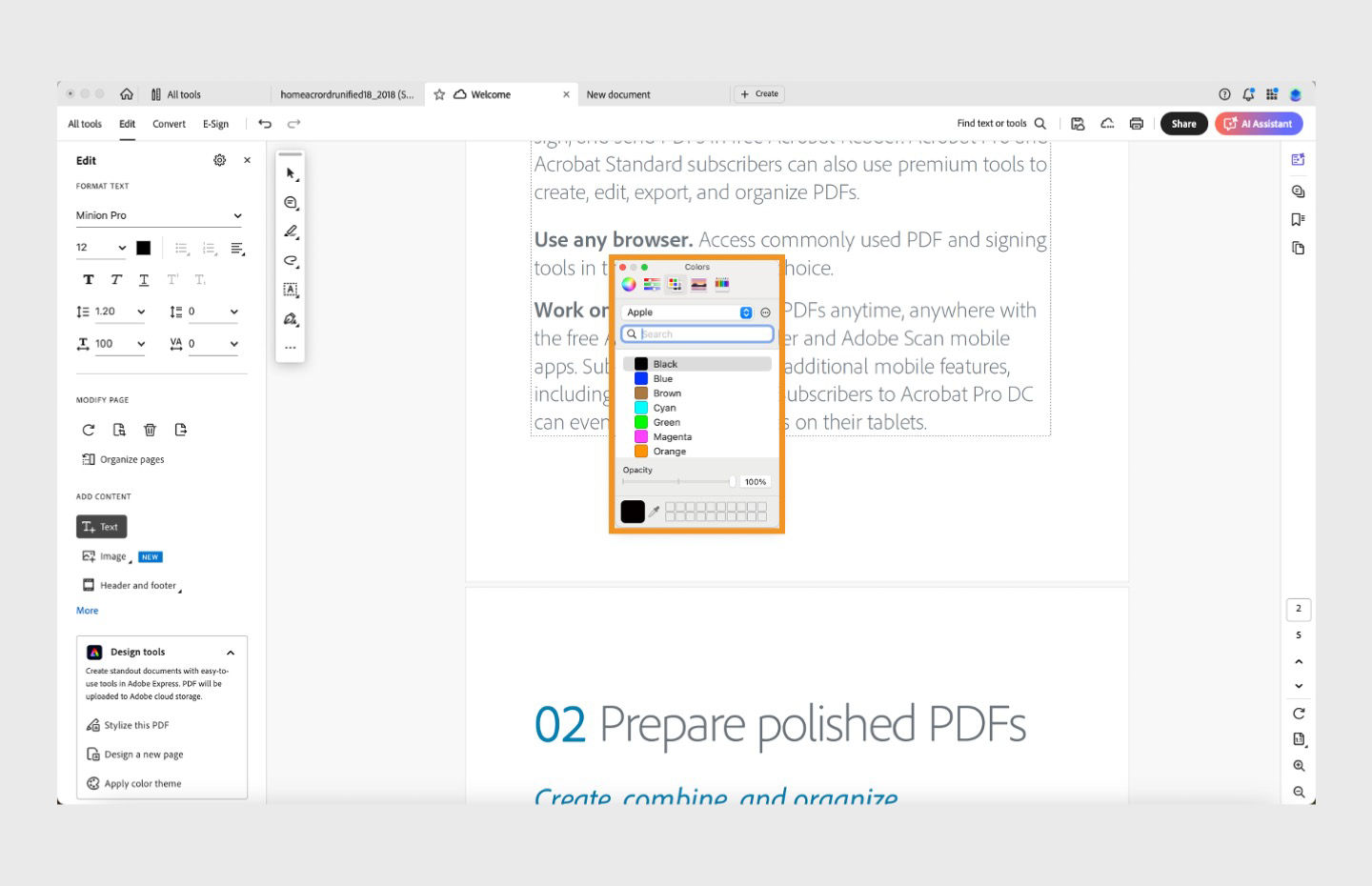 Font color fialog box for macOS is shown