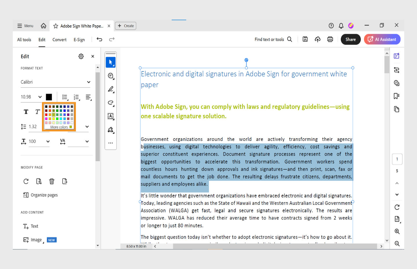 Change font color panel for Acrobat windows is shown. 