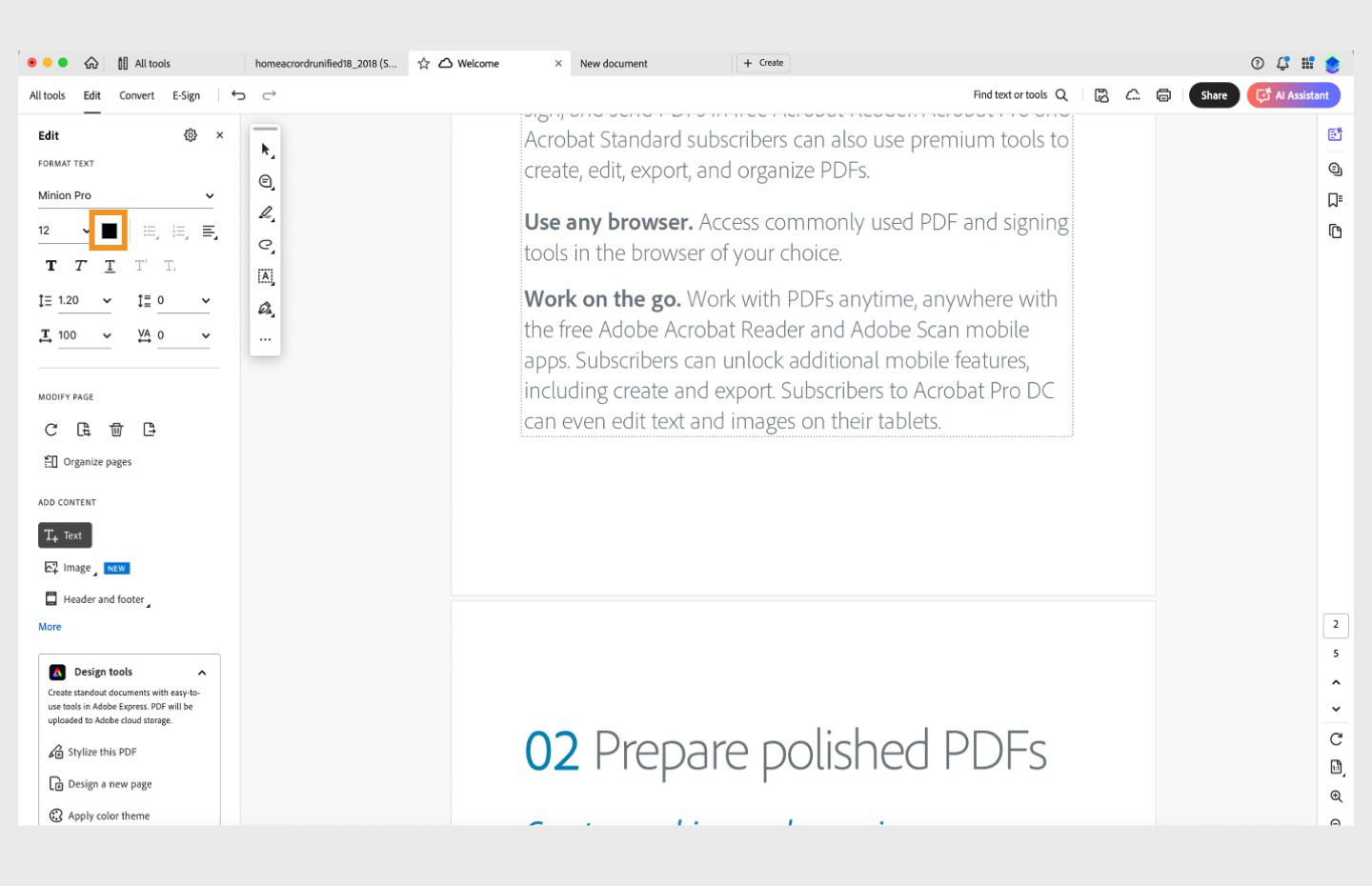 The Edit panel of Acrobat DC is shown here. The change font color feature is highlighted. 