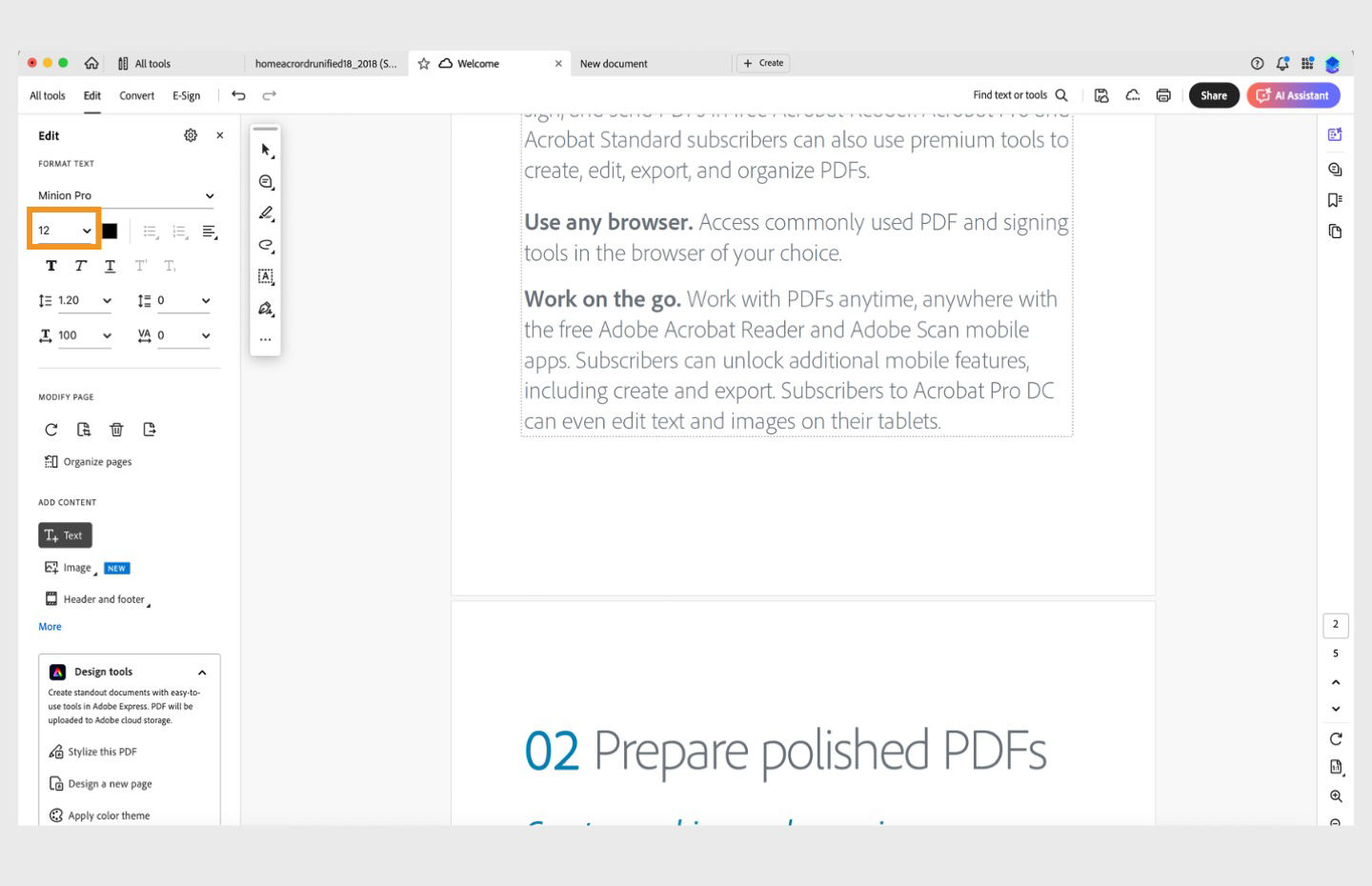 Font size drop down menu is highlighted in Acrobat Desktop