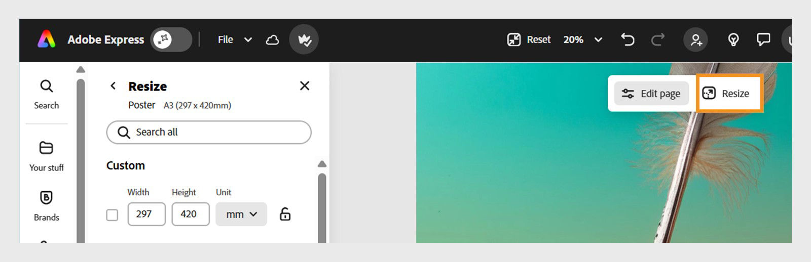 The Adobe Express editor shows the Resize panel on the left. The Resize option is highlighted with an orange border. The Resize panel includes option to enter custom width and height. 