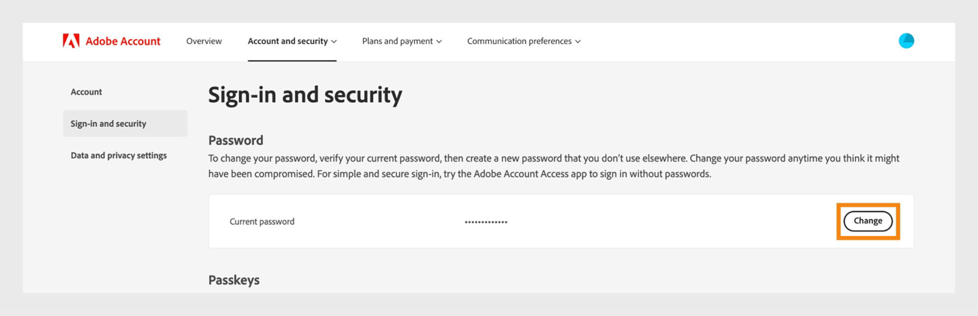 The Sign-in and security page showing options to change password. 