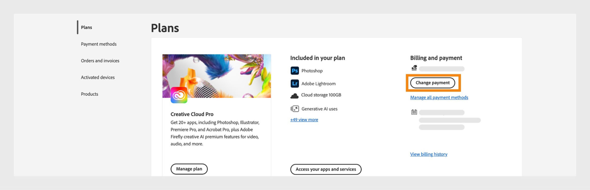 Adobe Account Plans page showing the Creative Cloud Pro plan details and the Billing and payment section with the “Change payment” button.