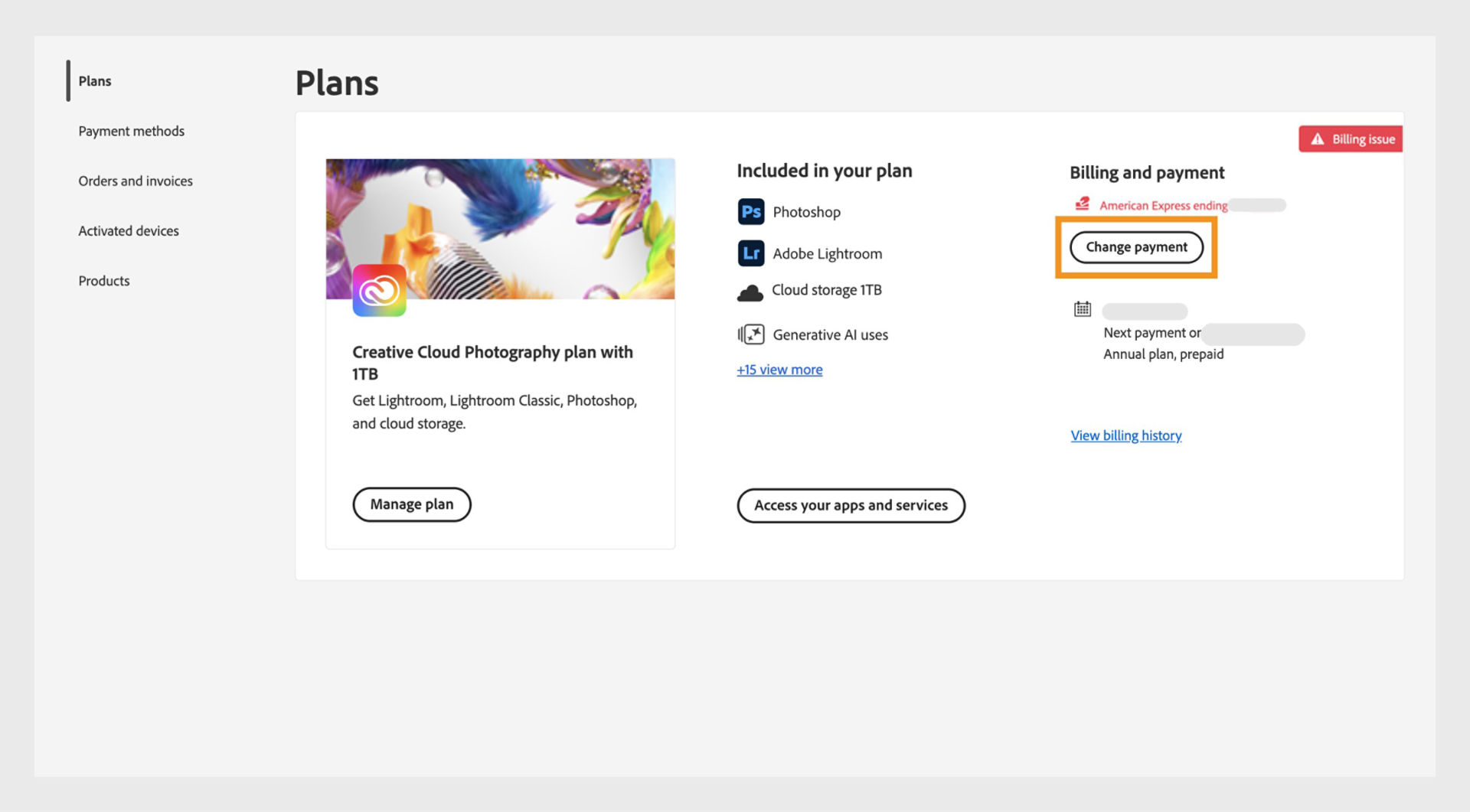 The Plans page in your Adobe account shows that you have a billing issue with your payment method, with options to edit billing and payment, view billing history, access apps and services, and manage plan. 