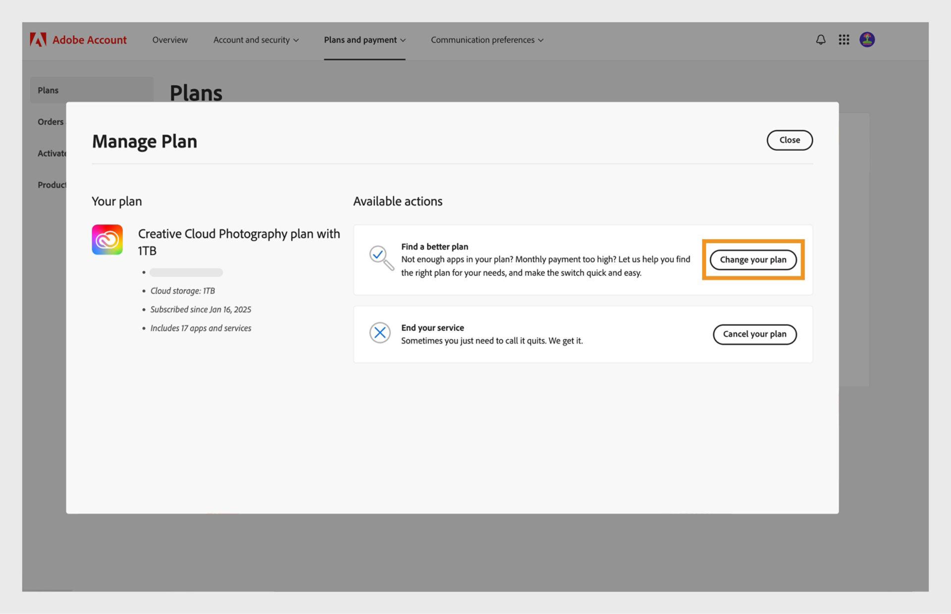 The Manage Plan window displaying the available actions, where the Change your plan button is highlighted.