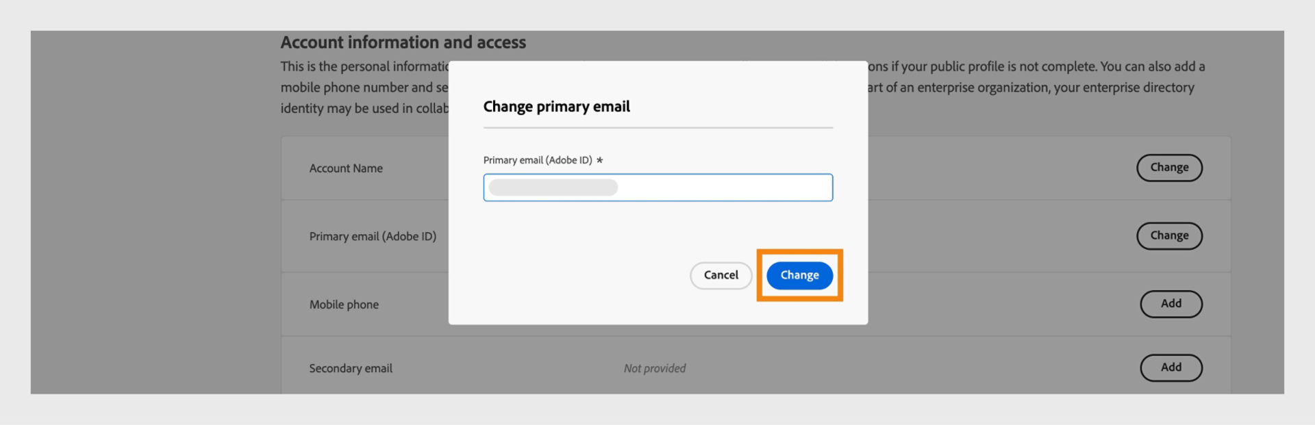 The Change primary email window showing a field to add the new email address and options to change to the new email, and cancel the process. 