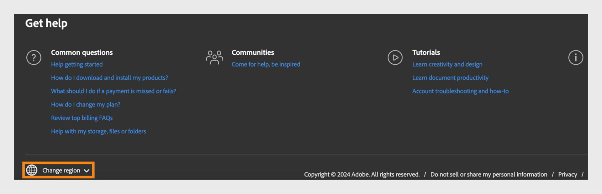 The panel at the bottom of the Adobe account page showing the Get help section and option to change region. 