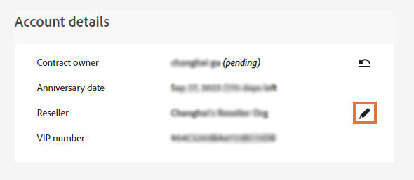 Account details page with the edit icon for reseller highlighted.
