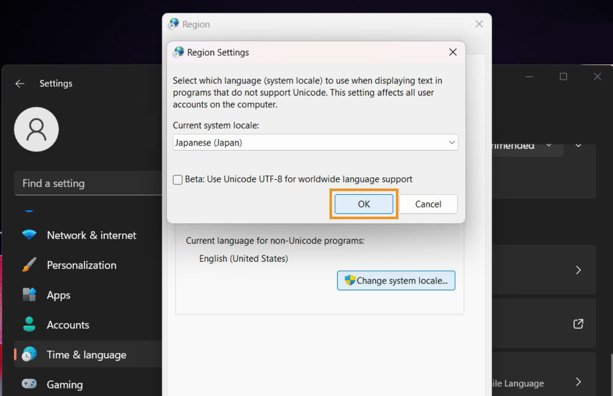 Select Japanese as the Current system locale.
