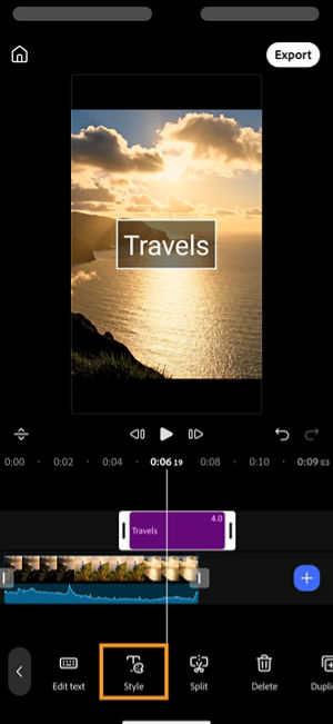 Style button highlighted in the toolbar, with the "Travels" text clip selected on the timeline.