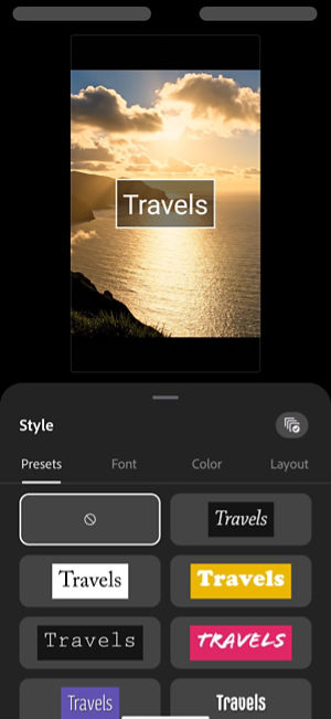 Style panel open on the Presets tab, showing text style options like solid color backgrounds and script fonts, alongside Font, Color, and Layout tabs.
