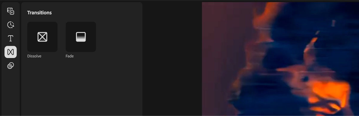 Transitions panel in a video editor displays Dissolve and Fade options with a preview on the right.
