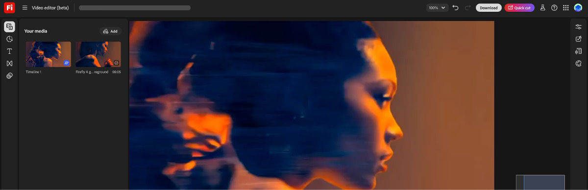 Firefly video editor displays the Viewer centered with a video preview, media panel on the left, and editing tools on the right.