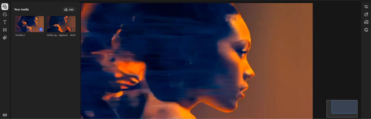 Firefly video editor displays the Viewer centered with a video preview, media panel on the left, and editing tools on the right.