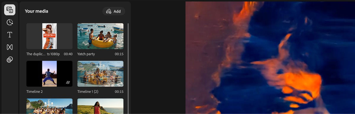 The Your media panel is open and it lists all the videos added as well as the timeline. There are options to search the timeline as well as upload new media files. 