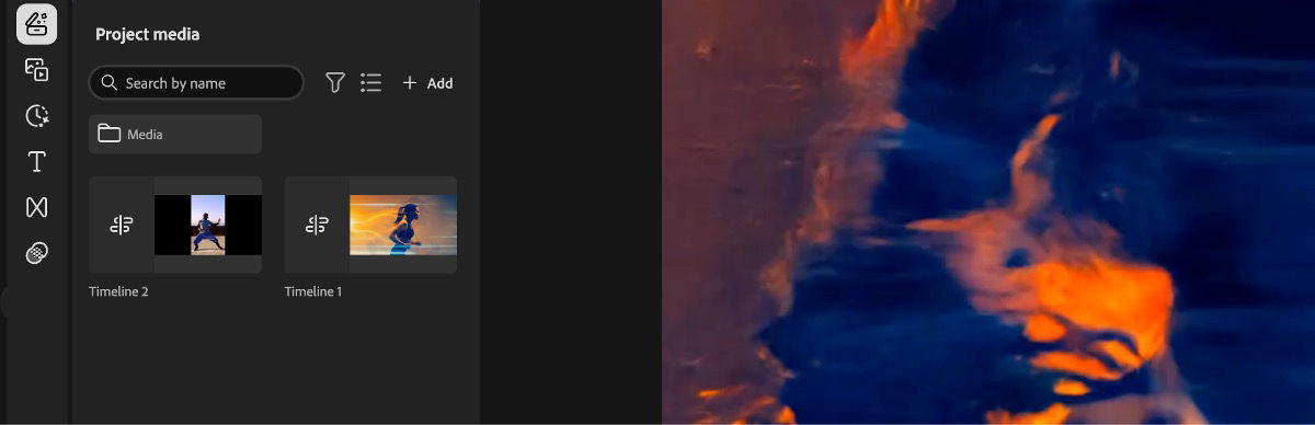 The Your media panel is open and it lists all the videos added as well as the timeline. There are options to search the timeline as well as upload new media files. 