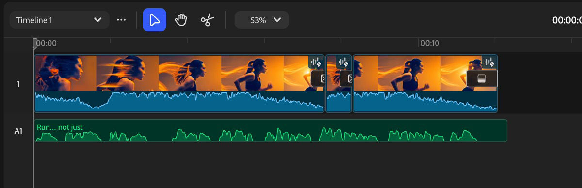 Timeline panel in Firefly displaying a video clip sequence with playback controls and tracks for video and audio.