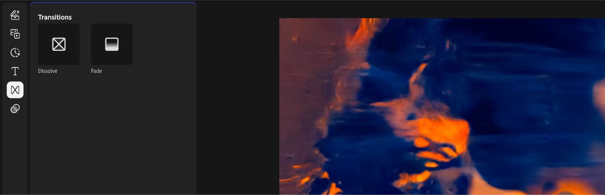 Transitions panel in a video editor displays Dissolve and Fade options with a preview on the right.