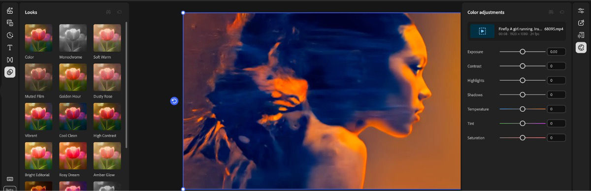 Video editor displays the Looks presets on the left and Color adjustments sliders on the right with a video preview in the center.